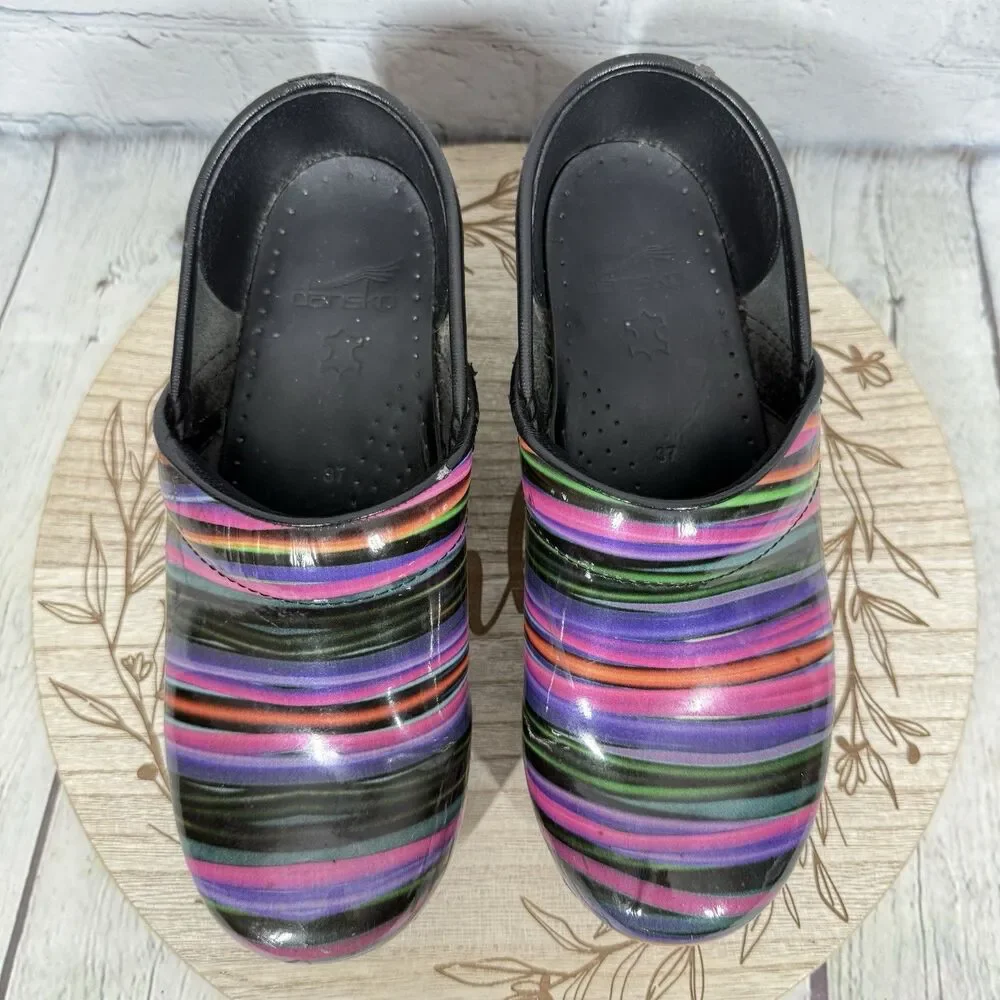 Dansko Professional Clogs Size 37 EU 6.5-7 US Rainbow Stripe Patent Leather Shoe